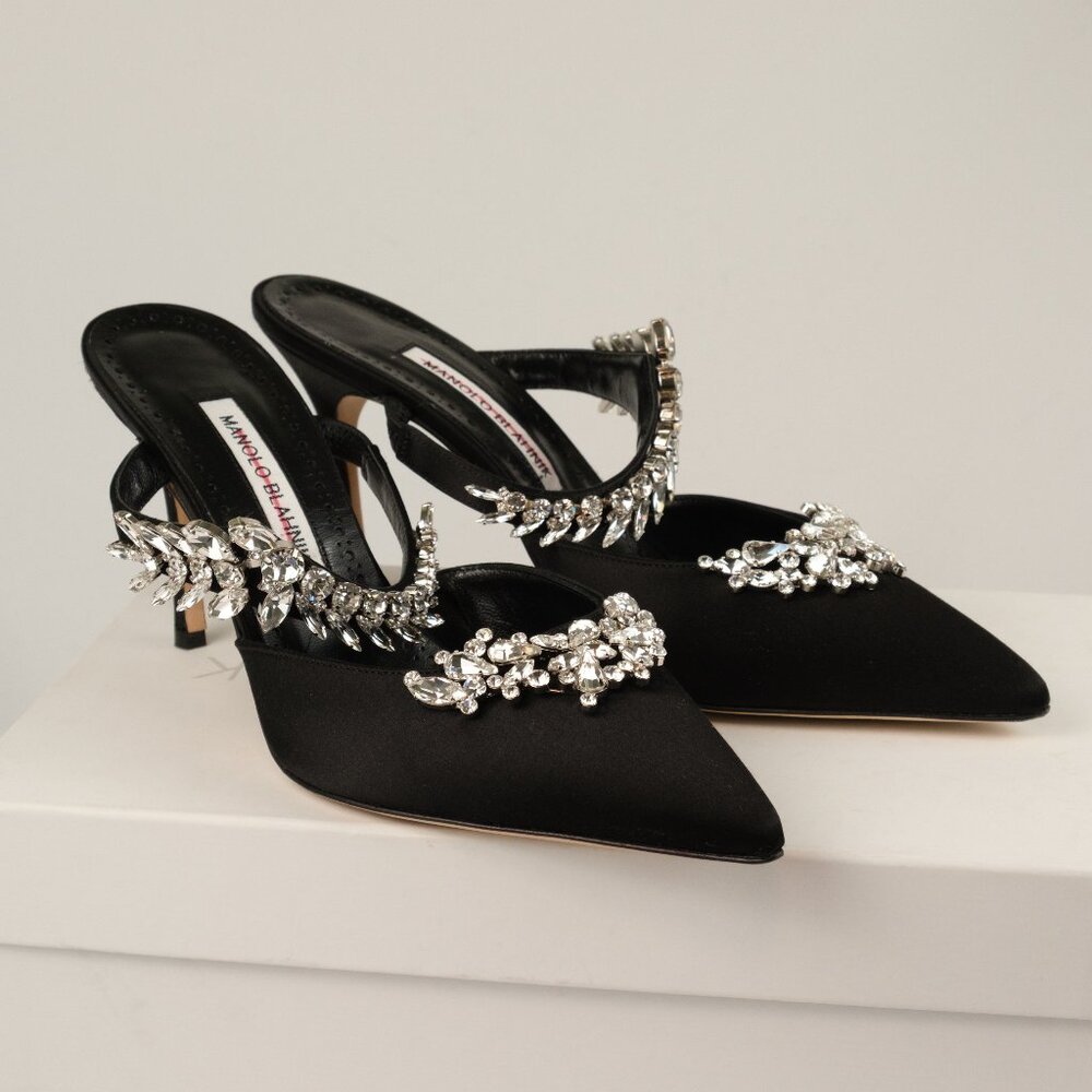 Manolo Blahnik Lurum 90 Crystal Embellished Mules, Black Satin, EU 39.5 US 9.5